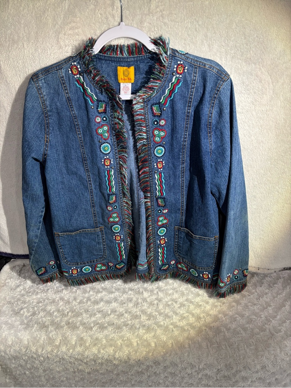 Ruby Rd. Embroidered Fringe Denim Jacket - Blue with Multicolor Accents
